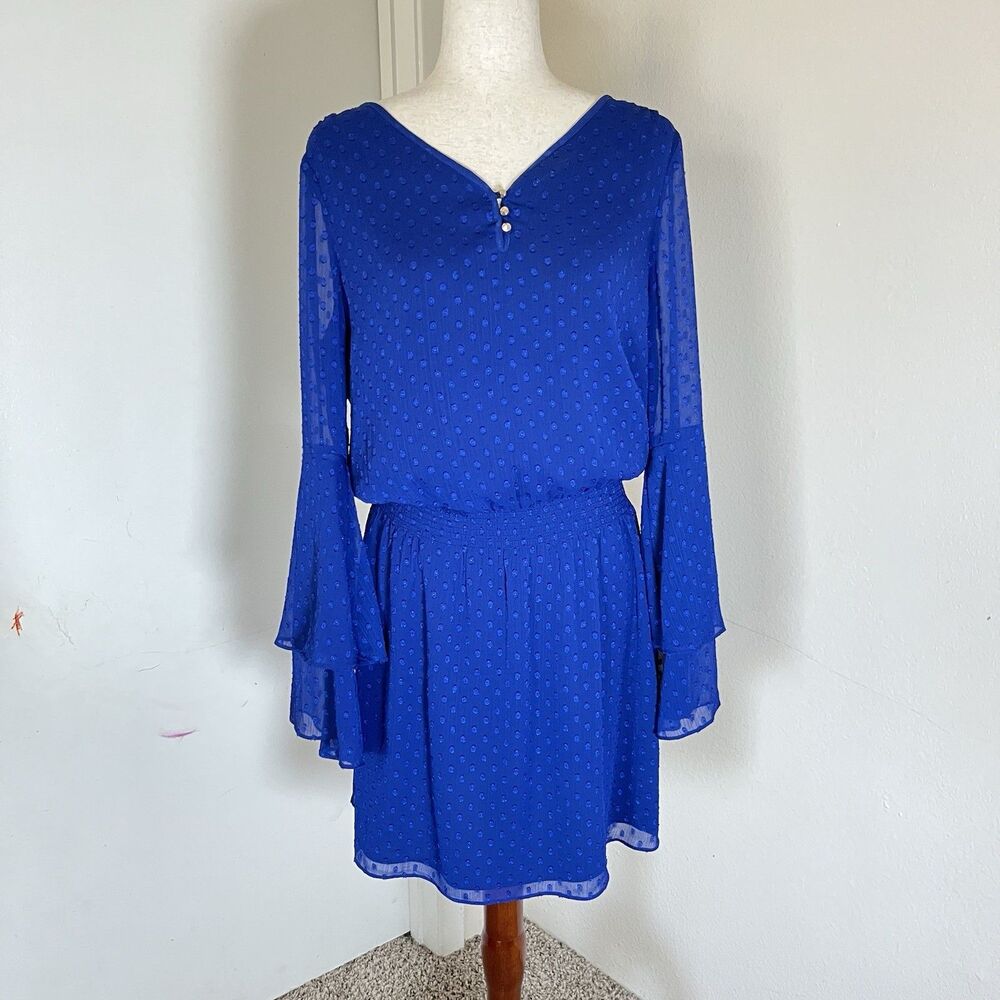 White House Black Market Size-6 Dress Women's Blue Swiss Dot Smocked Waist